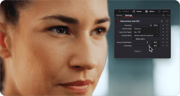Result of automatic skin retouching with the retouch4me Heal Video plugin for DaVinci Resolve.